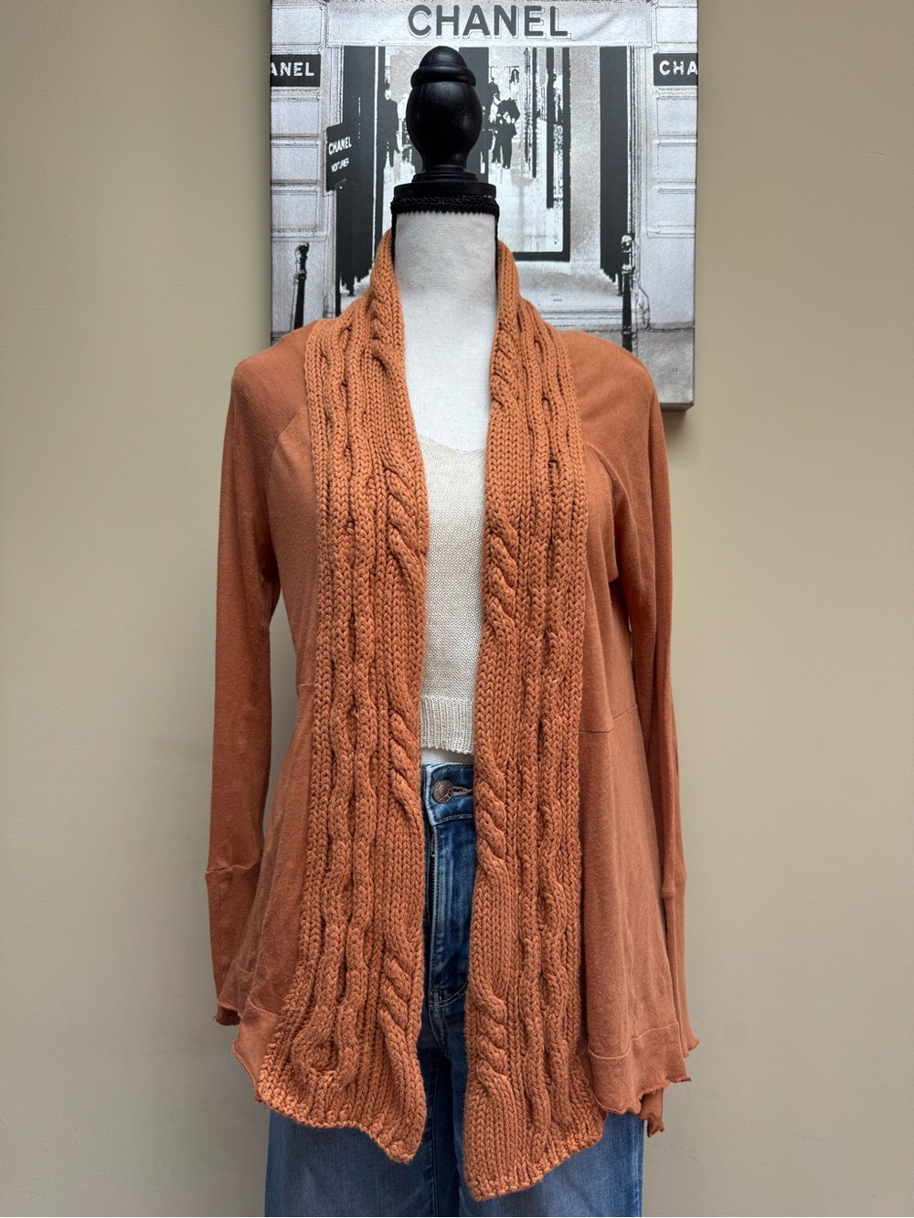 Cable-Trim Cardigan in Rust Orange Shape